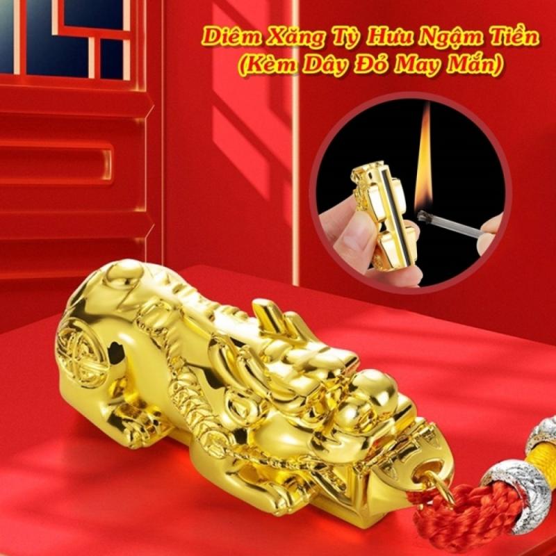 Bật lửa diêm xăng hình tỳ hưu ngậm tiền kèm dây đỏ may mắn